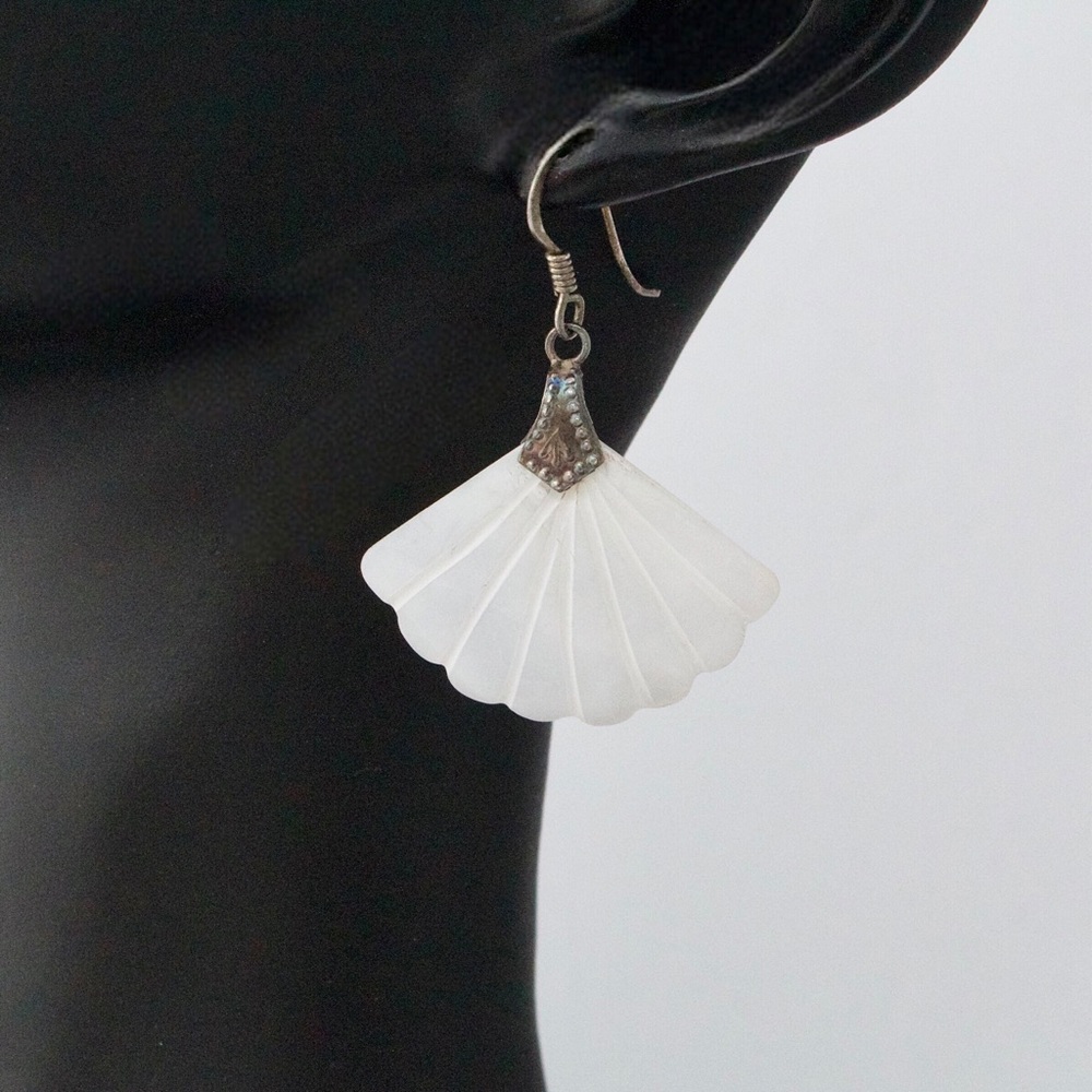 Vintage Carved Mother of Pearl Shell Dangle Earrings Sterling Silver